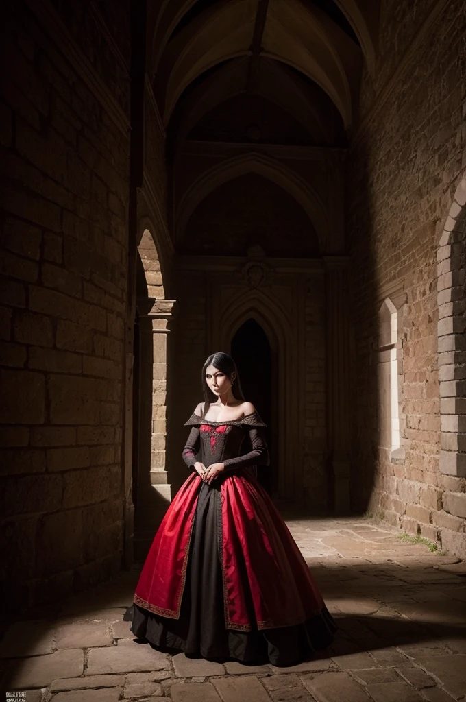 photo of the balie hall in a medieval castle at night, low lighting, a dark and mystical atmosphere. In the center of the image there is an Asian woman, she has black hair and penetrating eyes, your face is serious, She wears a red period dress, She is posing for a photo inside the castle, no salao de baile, full body photo
