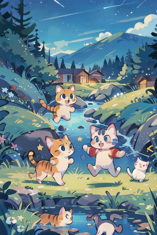 lots of small cats, running around, playing with each other, outdoors, stars, night, rivers, mountains,