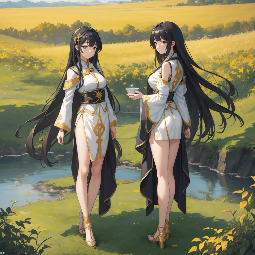 (((masterpiece))),(((Highest quality))),((Very detailed)),Rear View, Gaze at the sun, 空にはuniverse船がある, three suns, Black Hair Girl, (Stand 20 meters apart),Standing in the grassland, landscape, universe, 8k, Super Detail,The whole scene is shining'S、illumination、Particles of light,