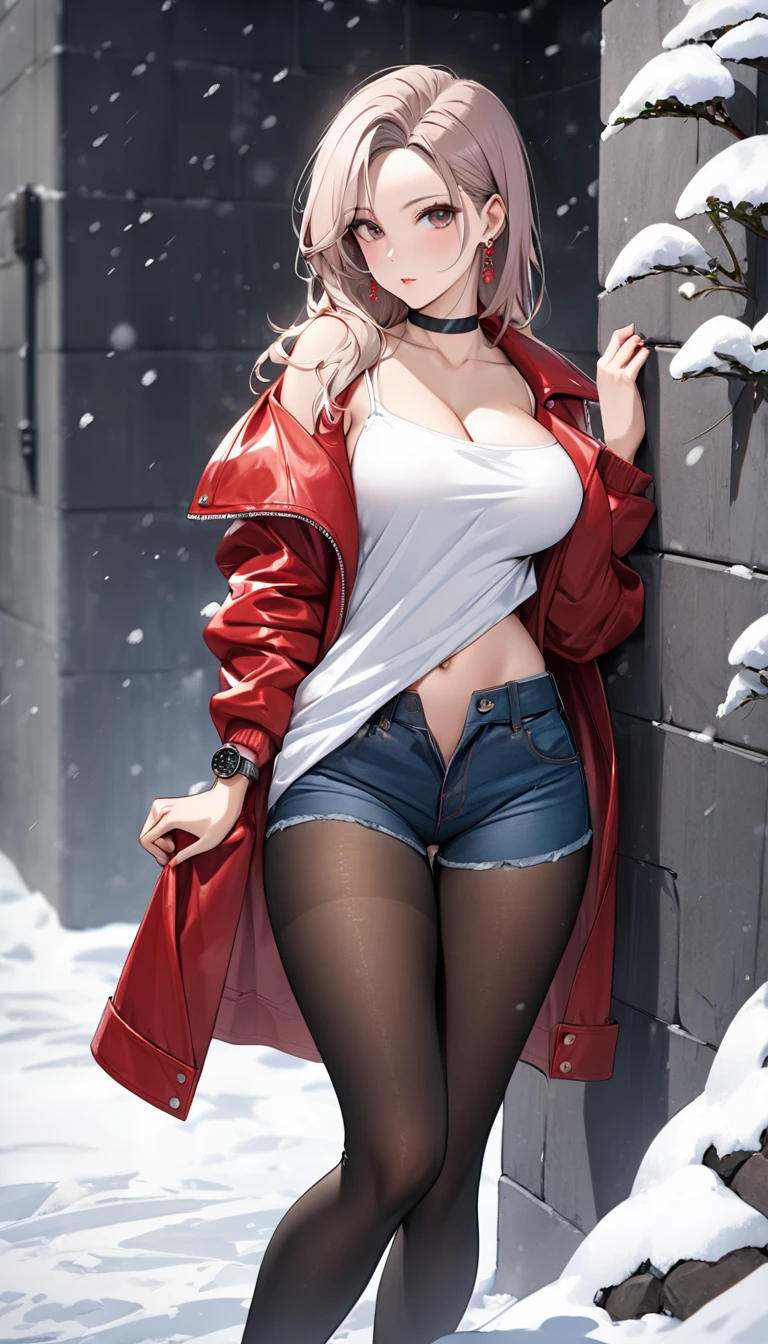 Highest quality, wonderful_delicate, beautiful, 8k, Red leather jacket, Earrings, choker, concept,whole body,Leaning against a wall,Watch the viewer with a sideways glance,Low rise,Jeans Hot Pants,Black Pantyhose,Groin,Big shirt,Very sexy woman,Large Breasts,winter,Snow is falling