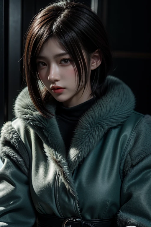 there is woman with a fur coat and a belt, Anime girls in real life, Realistic rendered anime girl, IG model | RTM germs, Fubuki from one punch man, Green Hime Haircut, have short hair, Realistic art style, masayoshi suto and RTM germs, 8ก, High quality images, Masterpiece, The fine texture of the hair, Fine texture, Fine fabric, 8ก, เพิ่มFabric details, ultra Fine texture, Very detailed photos., hair follicles, Fabric details, High surface detail, realistic hair details, incredible light, woman, look at the audience.