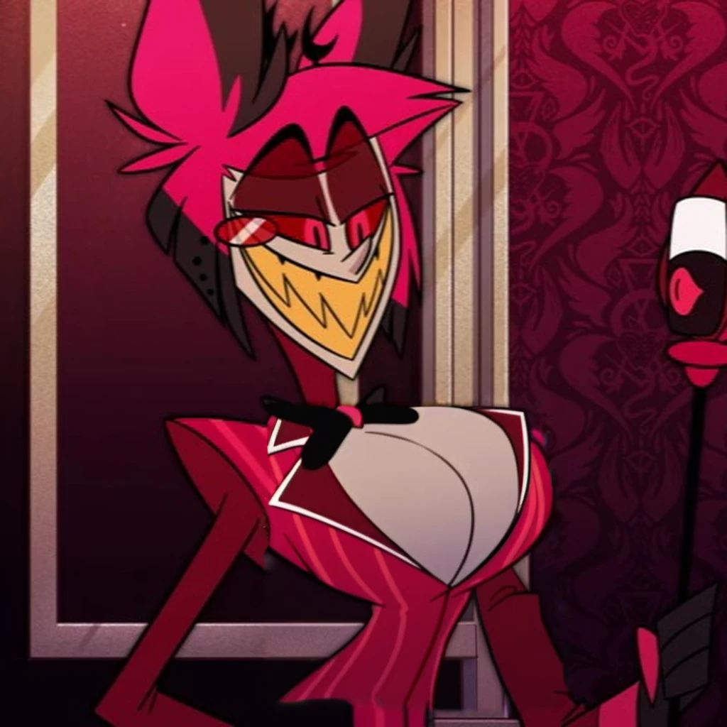 alastor, solo, 1girl, standing, (huge breasts:1.5), grey skin, red suit, monocle, score_9_up, score_8_up, score_7_up, score_6_up, score_5_up, score_4_up, score_3_up, score_2_up, score_1_up, screencap
