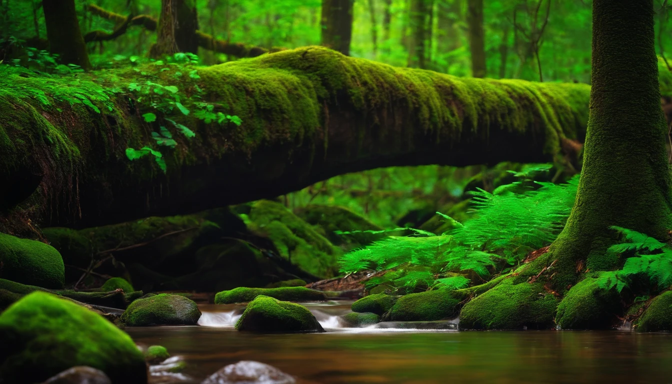 Heavy rain in a bright green deep forest 