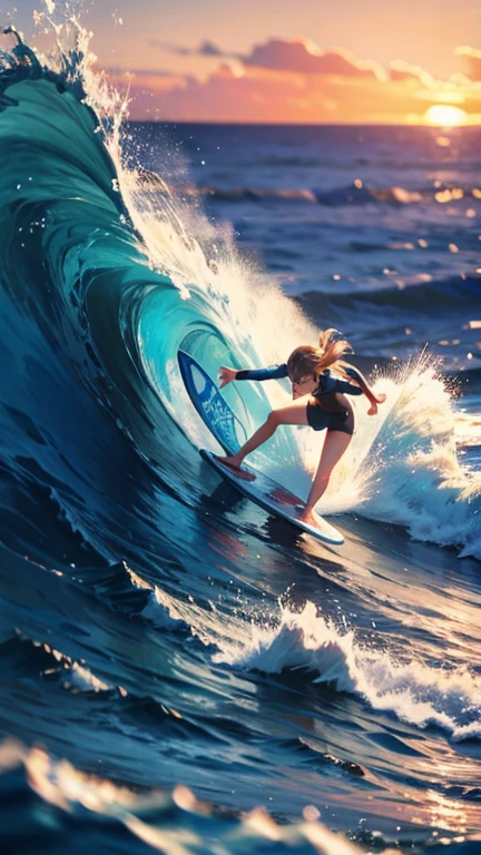 Surfing girl,(surfing:1.3), Ocean, one surfboad, A girl is surfing