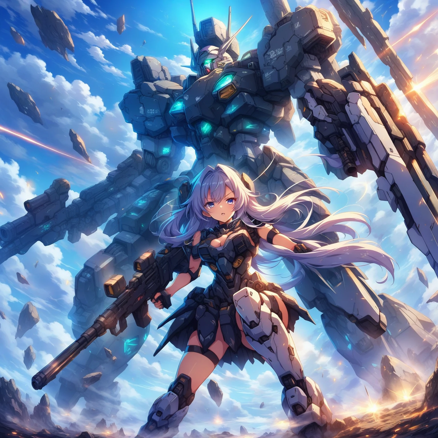 score_9, score_8_up, score_7_up, source_anime,masterpiece, best quality, high resolution, extremely detailed CG, absurdres, highres, a mecha girl holding a sword in front of a giant mech with a large blade, 1girl, weapon, mecha, robot, holding weapon, holding, gun, long hair, holding gun, glowing, sky, thighhighs, cloud, science fiction, outdoors, floating hair,1girl, solo, cleavage, thighs, looking at viewer, mecha musume,neondskdrmsxl, cool face