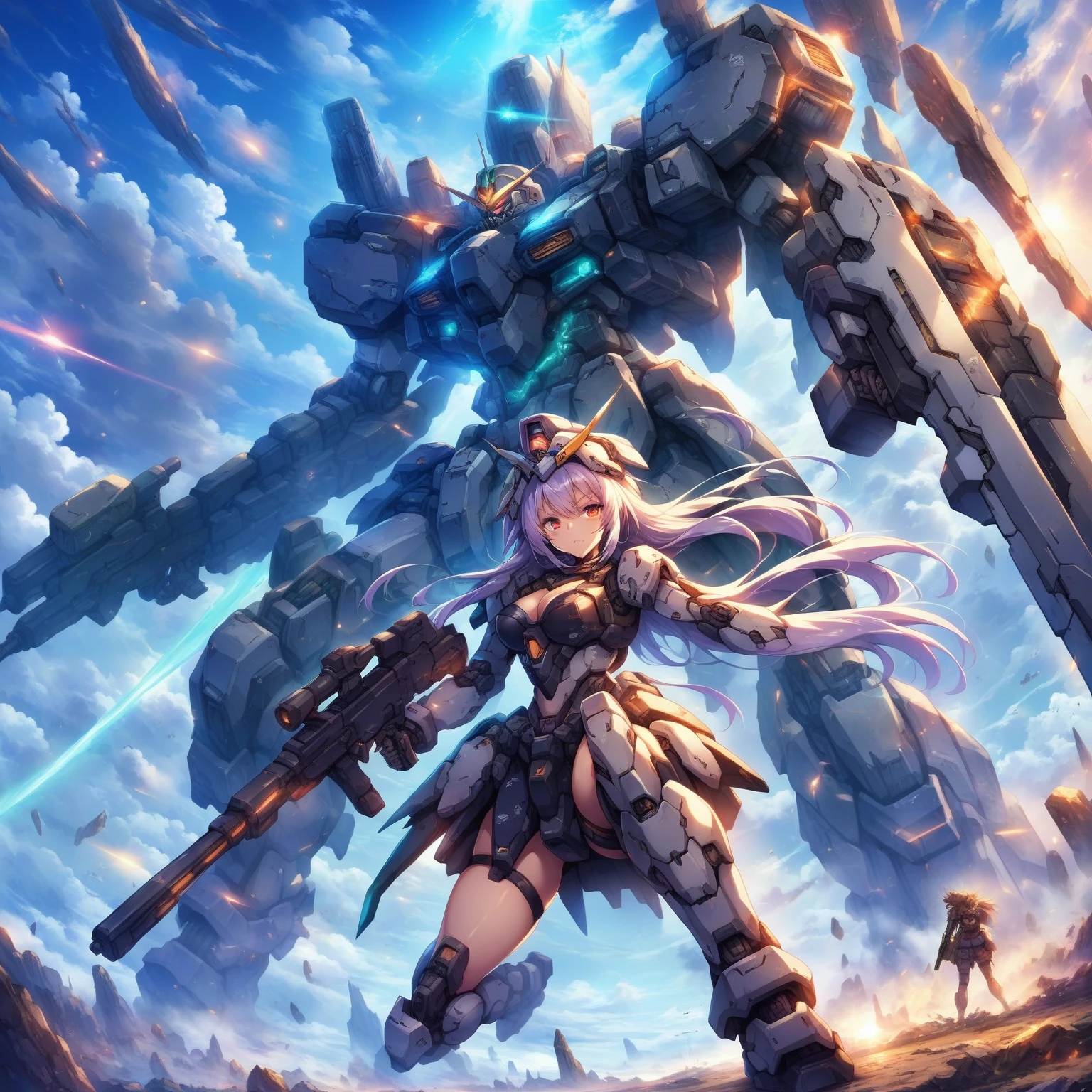 score_9, score_8_up, score_7_up, source_anime,masterpiece, best quality, high resolution, extremely detailed CG, absurdres, highres, a mecha girl holding a sword in front of a giant mech with a large blade, 1girl, weapon, mecha, robot, holding weapon, holding, gun, long hair, holding gun, glowing, sky, thighhighs, cloud, science fiction, outdoors, floating hair,1girl, solo, cleavage, thighs, looking at viewer, mecha musume,neondskdrmsxl, cool face