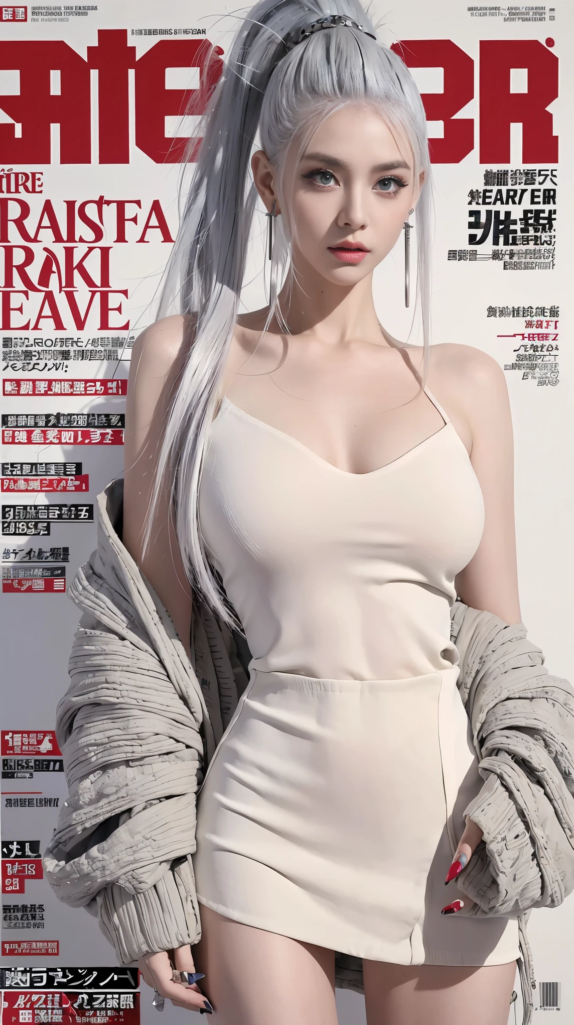 Best quality, Works of masters, A high resolution, 1girl, Super beautiful face, super beautiful eye, Super beautiful platinum white mohawk hair,(MagazineCover:1.2),Trendy Harajuku-inspired rock outfits,Expose shoulders, tons of tattoos and piercings, accentuated super huge enormously gigantic nude and nipples exposed