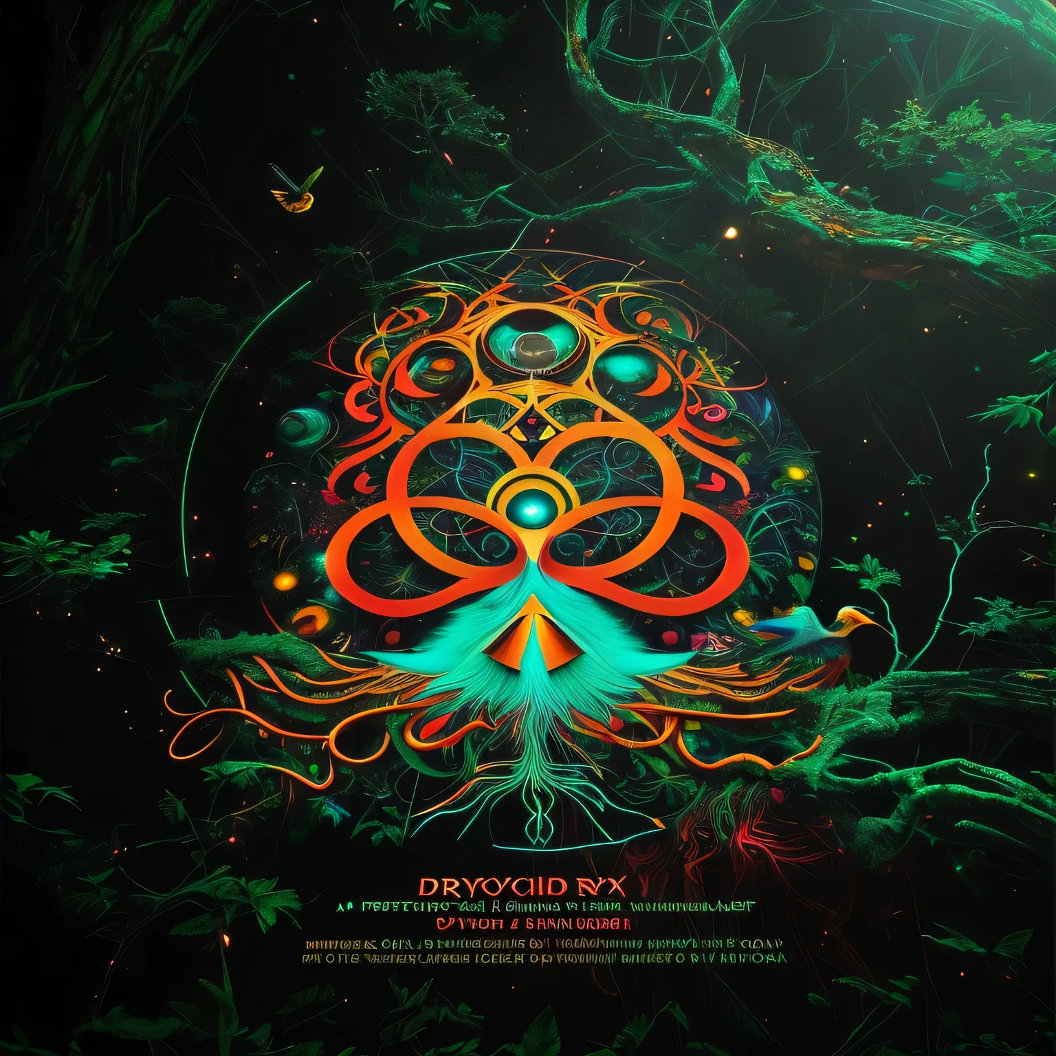 a close-up of a poster with a tree and a bird, Psytrance Artwork, official artwork, psytrance, Official poster artwork, enlightenment tripping on dmt, Detailed cover artwork, psychedelic DMT, enlightenment. complicated, psychedelic cosmic horror, galactic DMT being, Album cover for a trance DJ, epic shamanic DMT art, andrei riabovitchev symmetrical