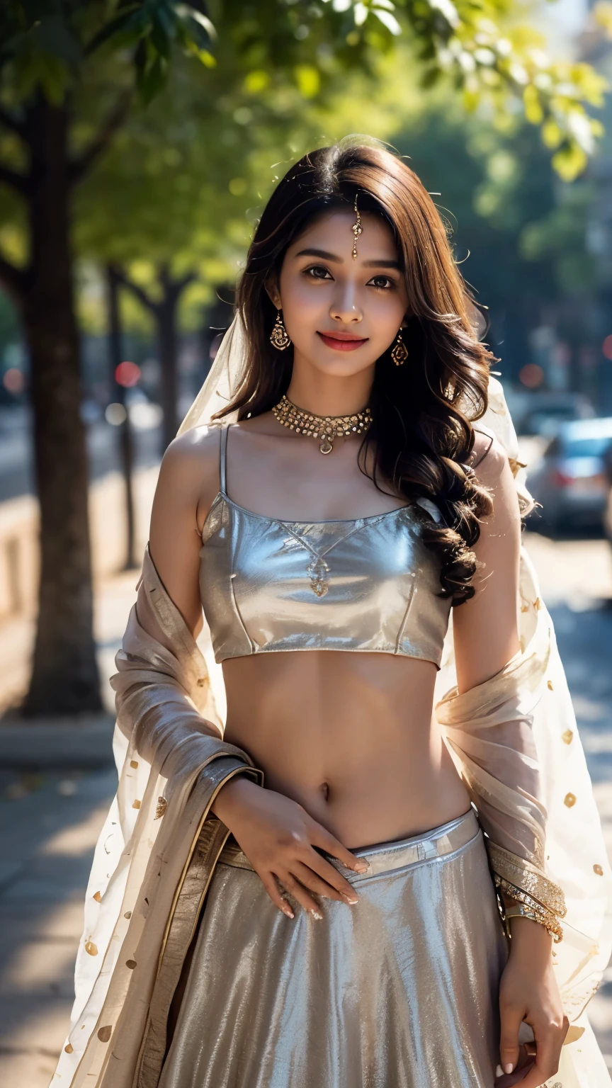 (((desi indian young girl))),  girl, cute and pretty face, natural skin, wearing hot deep neck top and dupatta, charming black hair, ((hair ends are blonde)), city streets background,(wearing simple jewellery), round Young Breast, Pretty cute Navel, soft ovel navel, Slender girl, bright light, long_hair, Bokeh, indian ,tree branch, colourfull,princess dress((choli:1.2,dupatta:1.2,lehenga:1.2), smile, pretty, cute, 4k, 8k, CG unity 8k wallpaper, depth of field, ray tracing, perfect figure, sweet round breasts 