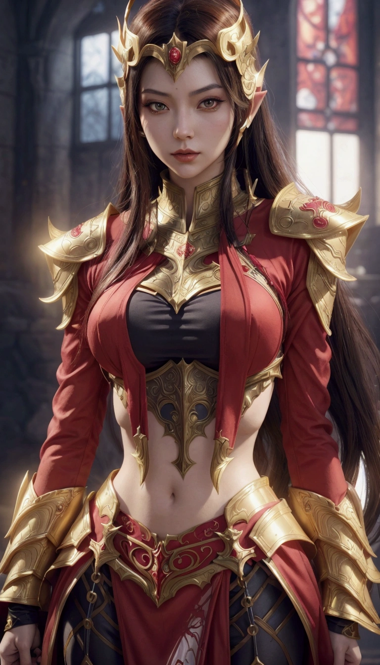 a woman in a red and gold costume with a sword, extremely detailed artgerm, lady in red armor, ig model | artgerm, epic exquisite character art, stunning armor, by Yang J, portrait knights of zodiac girl, alluring elf princess knight, irelia from league of legends, a beautiful fantasy empress, gorgeous female paladin