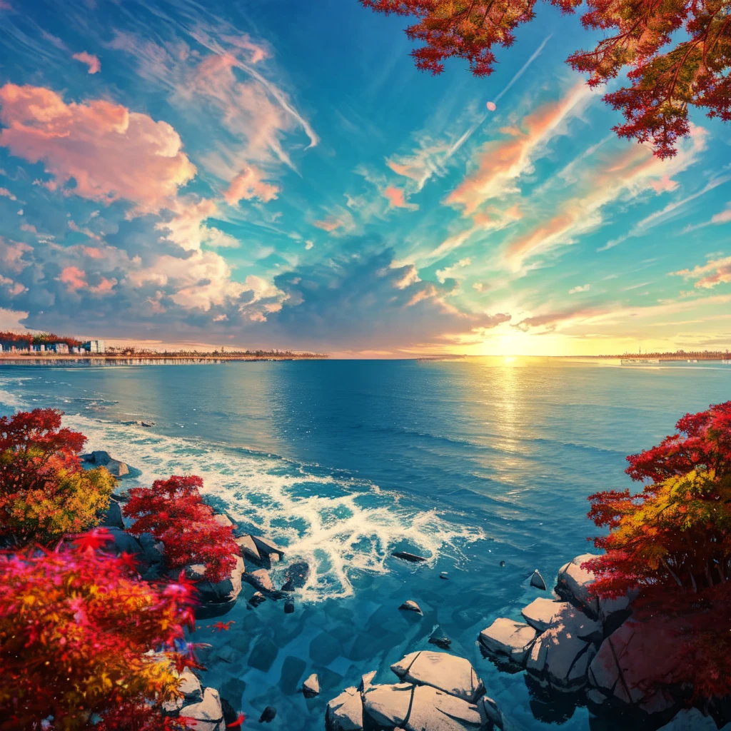 Sea view, Colorful anime movie background, Floating bubbles, escaping air bubbles, Anime Background art, Dreamy psychedelic anime, Beautiful anime scene, Beautiful anime scenery, Anime Background, sunny, sunny day, autumn leaves,Black Hair Girl, 
