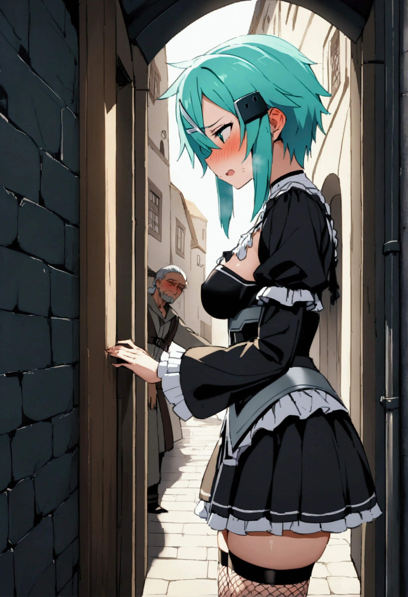 NSFW,masterpiece,Highest quality,High resolution,Very detailed,Sinon\(Sword Art Online\),(High-quality Gothic ta dress),mini skirt,Fishnet tights,A tense face,Embarrassed,blush,I feel,Medieval Europe,castle town,Alley,(Middle-aged men),sexual harassment,Molester,Body touch,From the side