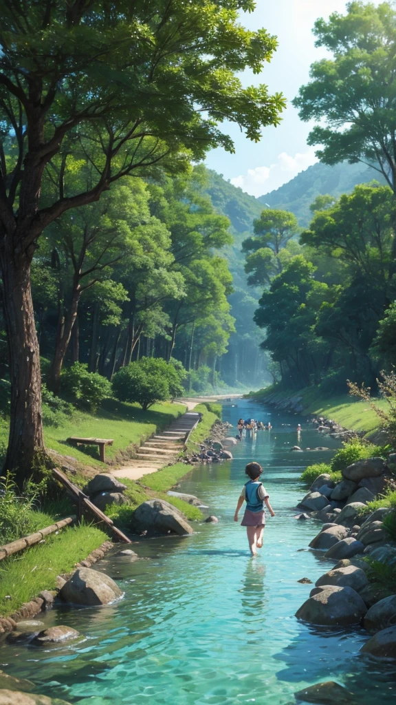 The villagers come running to the river bank, horrified to see how the Kappa disappears underwater with Yuta's limp body. Yuta's mother, with tears in his eyes and an expression of despair, kneels by the water. The atmosphere is one of mourning and horror, with the villagers showing faces of shock and fear. The image conveys the tragedy and pain of loss, with the river now dark and murky as a reflection of the event.