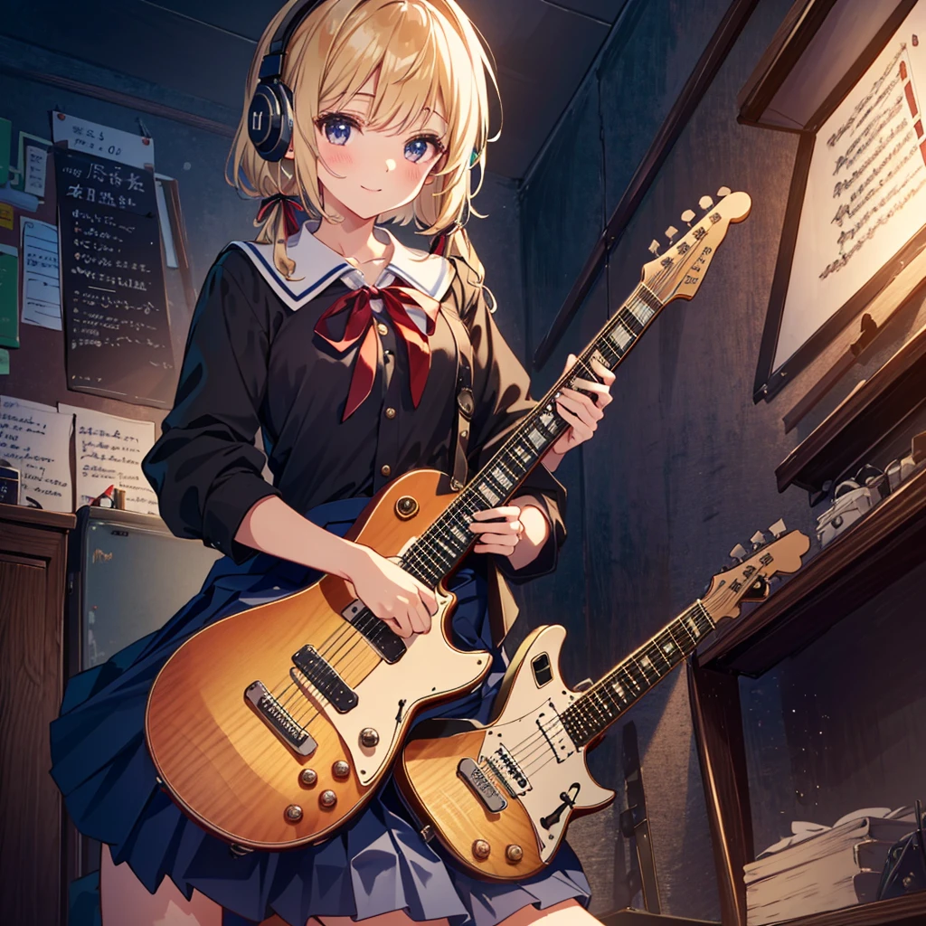 {1 girl: 1.3}, {sitting on throne, putting on feet, nail pose}, cute smile, anime eyes, headphones, (blouse/ribbon school uniform/pleated skirt: 1.5, handling guitar: 1.3, cowboy Shot: 1.5), Rembrandt Lighting: 1.3, Masterpiece, Top quality, Super detailed, Beautiful and aesthetic, Very detailed CG unity, 8K, Many musical instruments neatly placed, 6 years old, Young, , Small breasts,