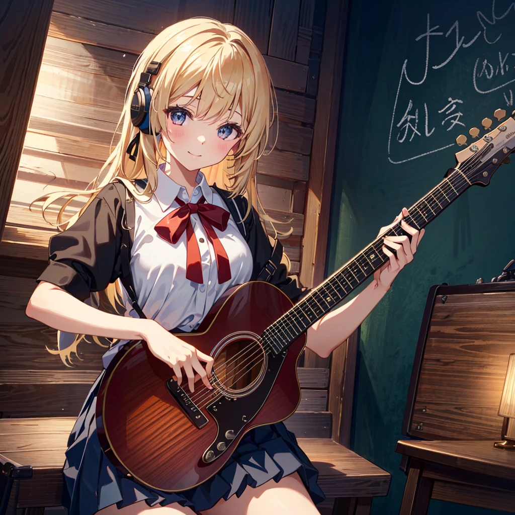 {1 girl: 1.3}, {sitting on throne, putting on feet, nail pose}, cute smile, anime eyes, headphones, (blouse/ribbon school uniform/pleated skirt: 1.5, handling guitar: 1.3, cowboy Shot: 1.5), Rembrandt Lighting: 1.3, Masterpiece, Top quality, Super detailed, Beautiful and aesthetic, Very detailed CG unity, 8K, Many musical instruments neatly placed, 6 , Young, , Small breasts,