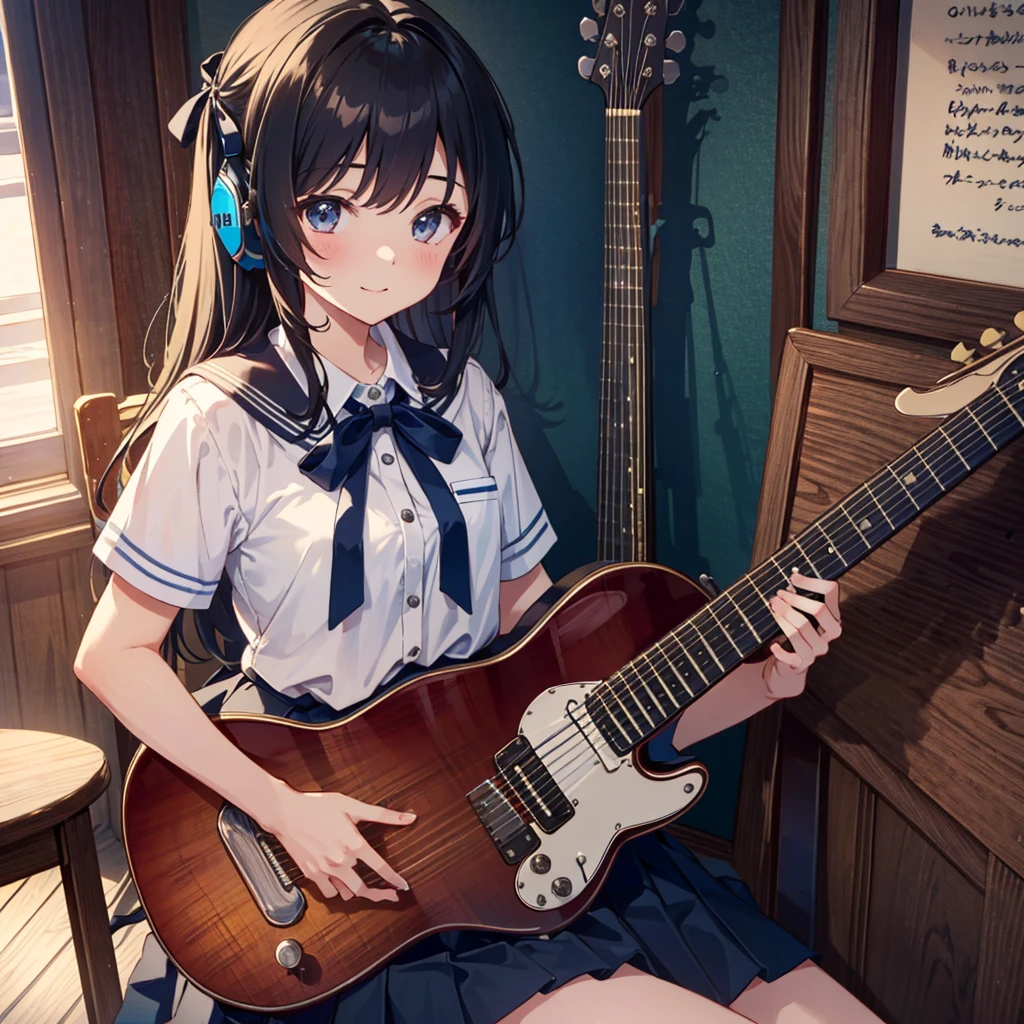 {1 girl: 1.3}, {sitting on throne, putting on feet, nail pose}, cute smile, anime eyes, headphones, (blouse/ribbon school uniform/pleated skirt: 1.5, handling guitar: 1.3, cowboy Shot: 1.5), Rembrandt Lighting: 1.3, Masterpiece, Top quality, Super detailed, Beautiful and aesthetic, Very detailed CG unity, 8K, Many musical instruments neatly placed, 6 years old, Young, , Small breasts,