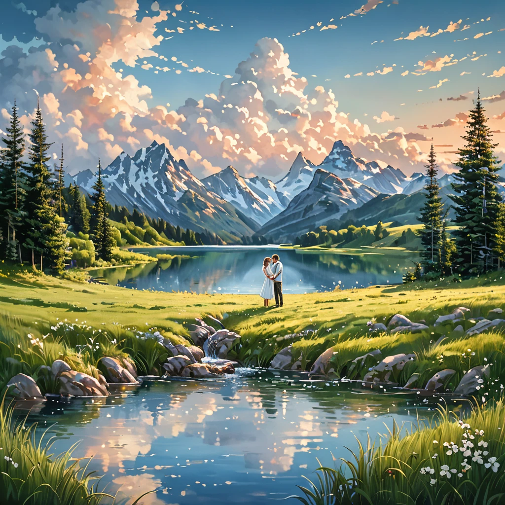 A loving couple stands in a serene lake, surrounded by a vast, green grass field. They gaze into each other's eyes, sharing an intimate and tender moment. The photograph is captured with a wide perspective, giving a sense of distance and grandeur, yet the camera focuses sharply on them, making the surrounding landscape slightly blurry. The couple's clear and detailed depiction contrasts with the soft, oil or watercolor-like effect on the grass and trees. The sky is clear and expansive, with beautiful clouds adding to the scenic atmosphere. The overall image is breathtakingly scenic, with an emphasis on the natural beauty of the landscape and the couple's connection. The photograph is rendered in ultra-high-definition, 16k resolution, ensuring every detail is crisp and vivid, making it the best and most stunning image possible.