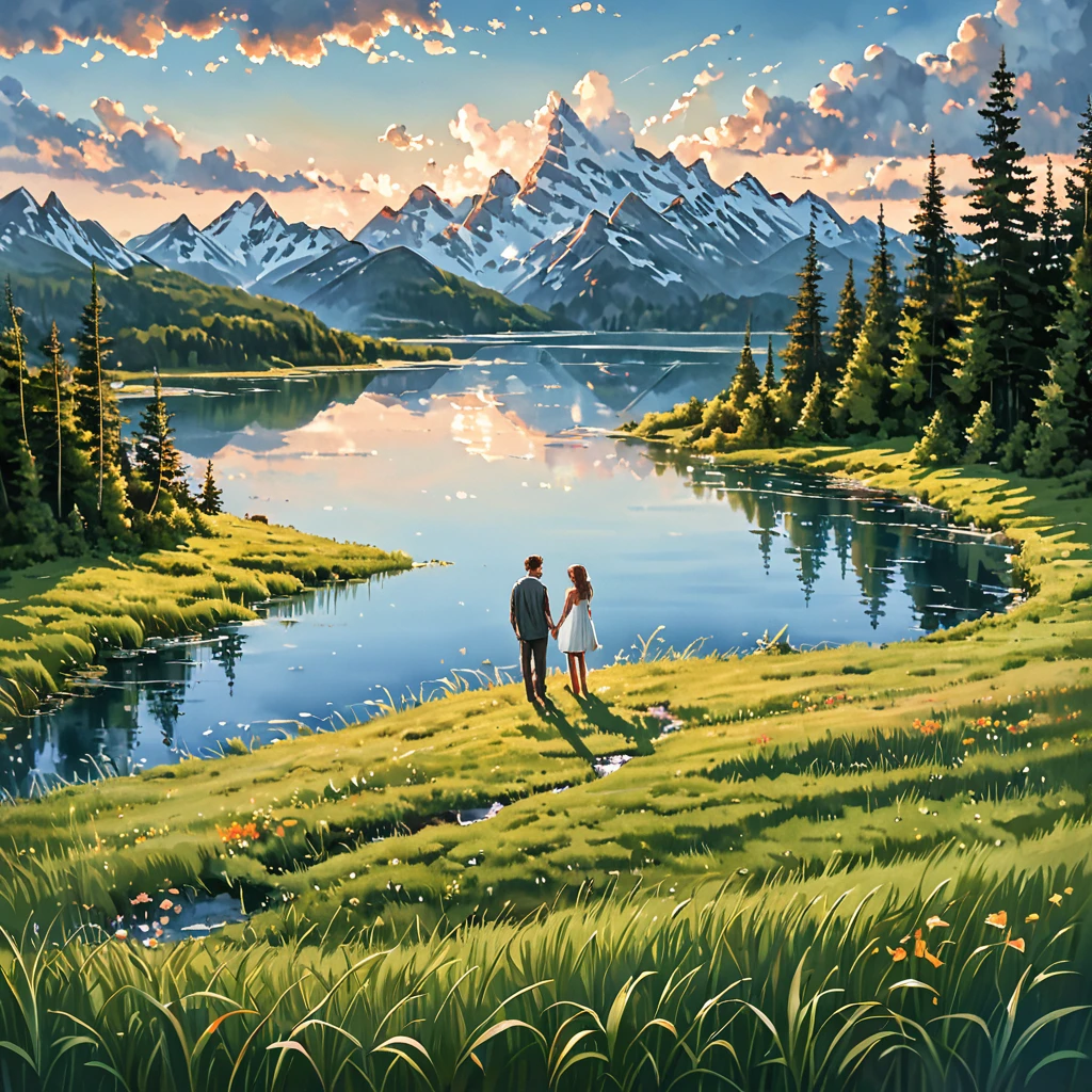 A loving couple stands in a serene lake, surrounded by a vast, green grass field. They gaze into each other's eyes, sharing an intimate and tender moment. The photograph is captured with a wide perspective, giving a sense of distance and grandeur, yet the camera focuses sharply on them, making the surrounding landscape slightly blurry. The couple's clear and detailed depiction contrasts with the soft, oil or watercolor-like effect on the grass and trees. The sky is clear and expansive, with beautiful clouds adding to the scenic atmosphere. The overall image is breathtakingly scenic, with an emphasis on the natural beauty of the landscape and the couple's connection. The photograph is rendered in ultra-high-definition, 16k resolution, ensuring every detail is crisp and vivid, making it the best and most stunning image possible.