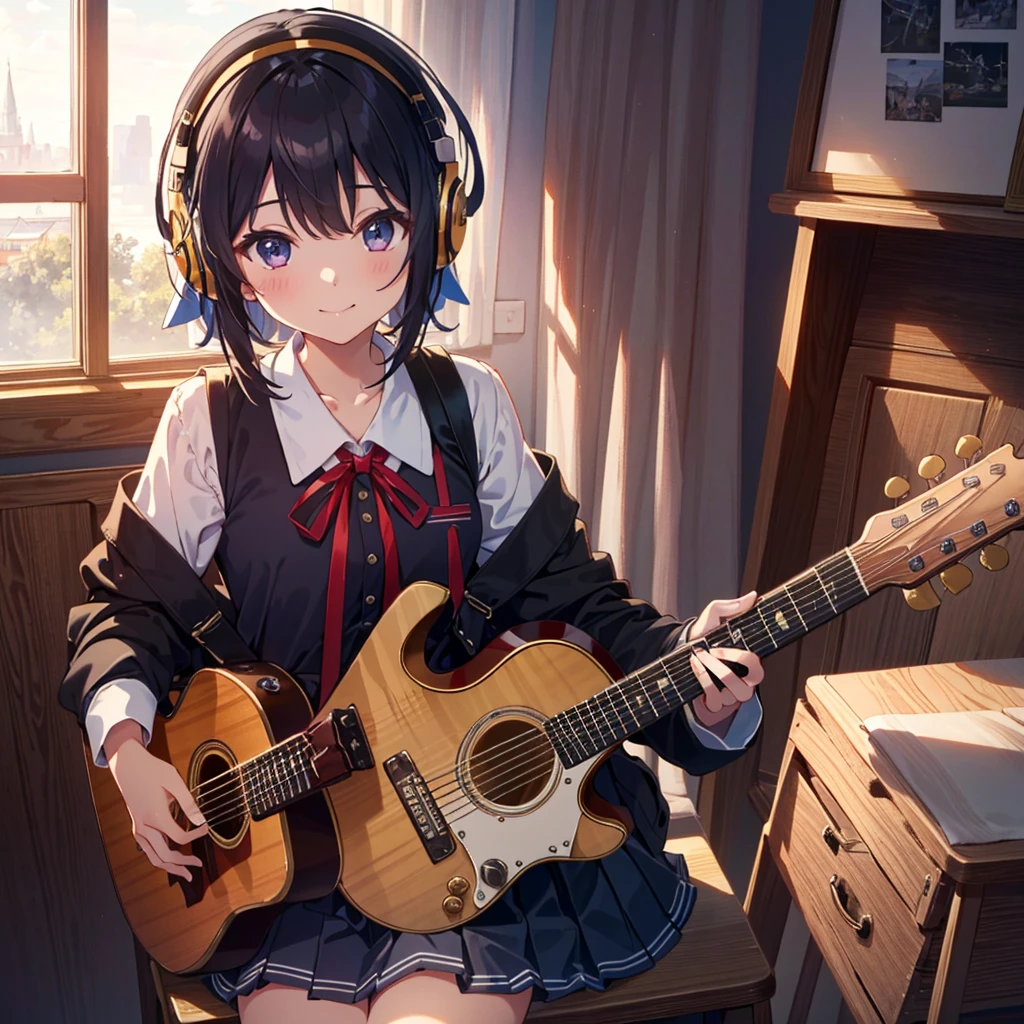 {1 girl: 1.3}, {sitting on throne, putting on feet, nail pose}, cute smile, anime eyes, headphones, (blouse/ribbon school uniform/pleated skirt: 1.5, handling guitar: 1.3, cowboy Shot: 1.5), Rembrandt Lighting: 1.3, Masterpiece, Top quality, Super detailed, Beautiful and aesthetic, Very detailed CG unity, 8K, Many musical instruments neatly placed, 6 years old, Young, , Small breasts,