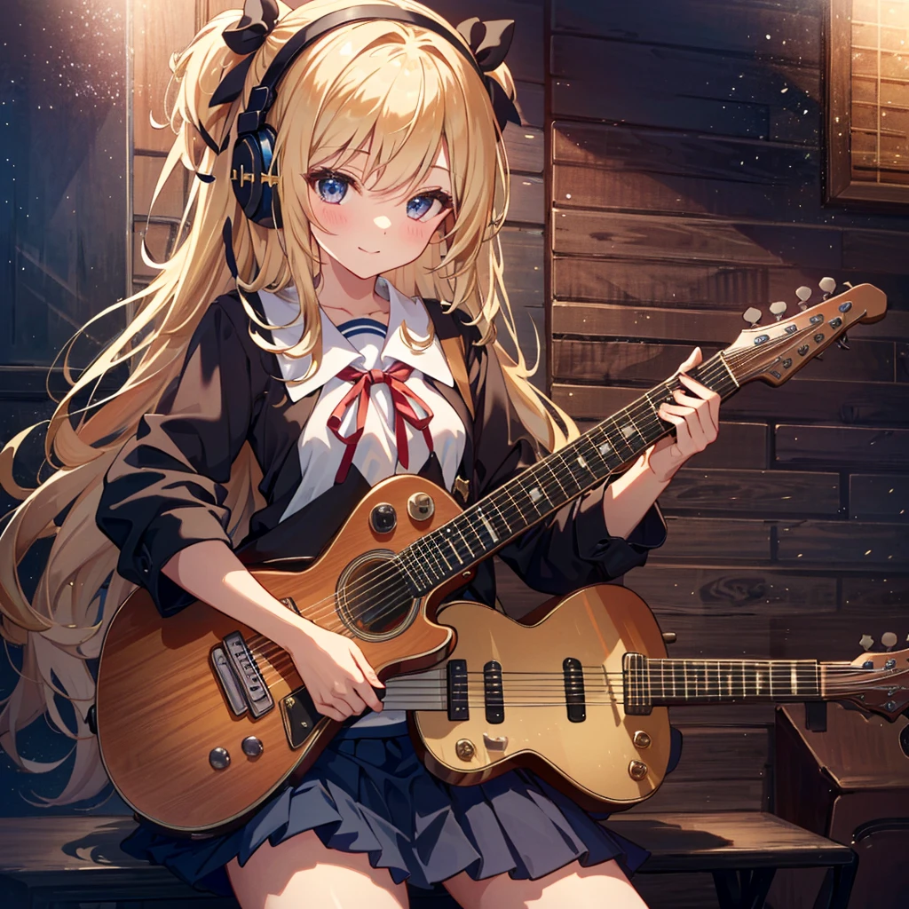 {1 girl: 1.3}, {sitting on throne, putting on feet, nail pose}, cute smile, anime eyes, headphones, (blouse/ribbon school uniform/pleated skirt: 1.5, handling guitar: 1.3, cowboy Shot: 1.5), Rembrandt Lighting: 1.3, Masterpiece, Top quality, Super detailed, Beautiful and aesthetic, Very detailed CG unity, 8K, Many musical instruments neatly placed, 6 years old, Young, , Small breasts,