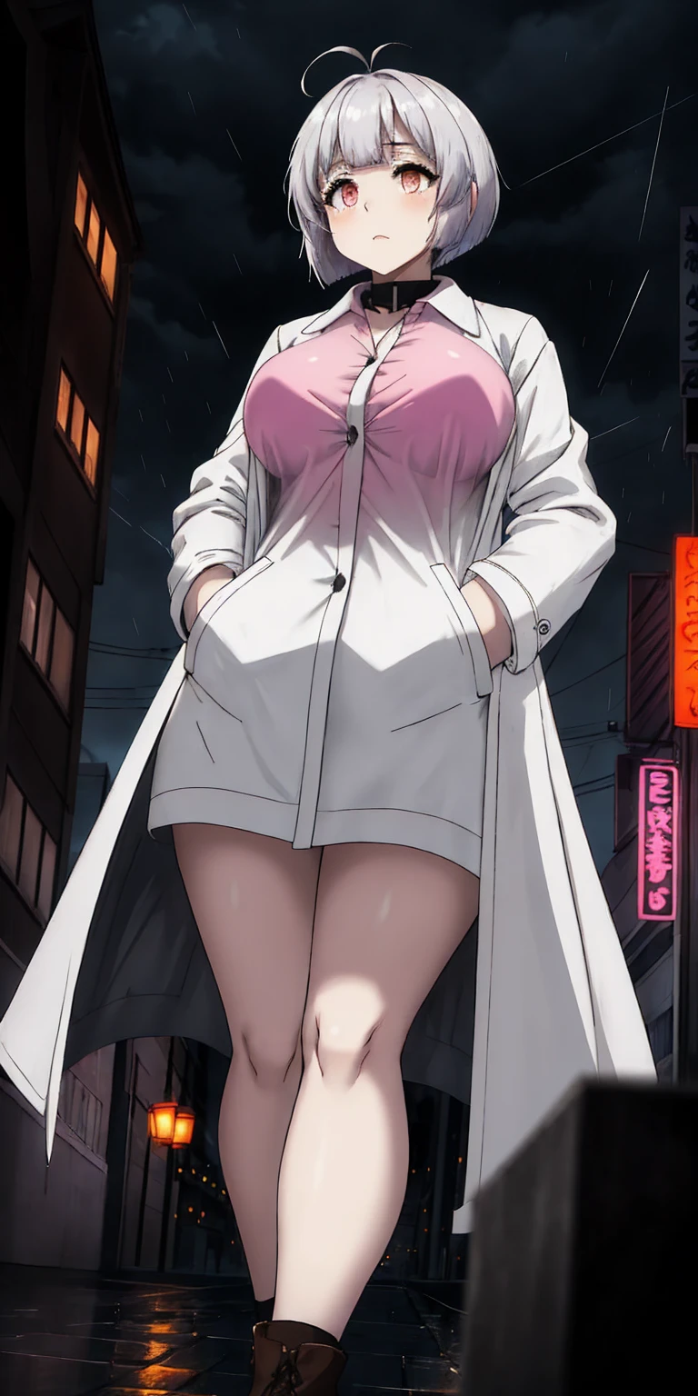 1girl big , short white silver bob hair, pink nipples, transparent white shirt,night city,rain,coat,hands in pockets, far shot view from below