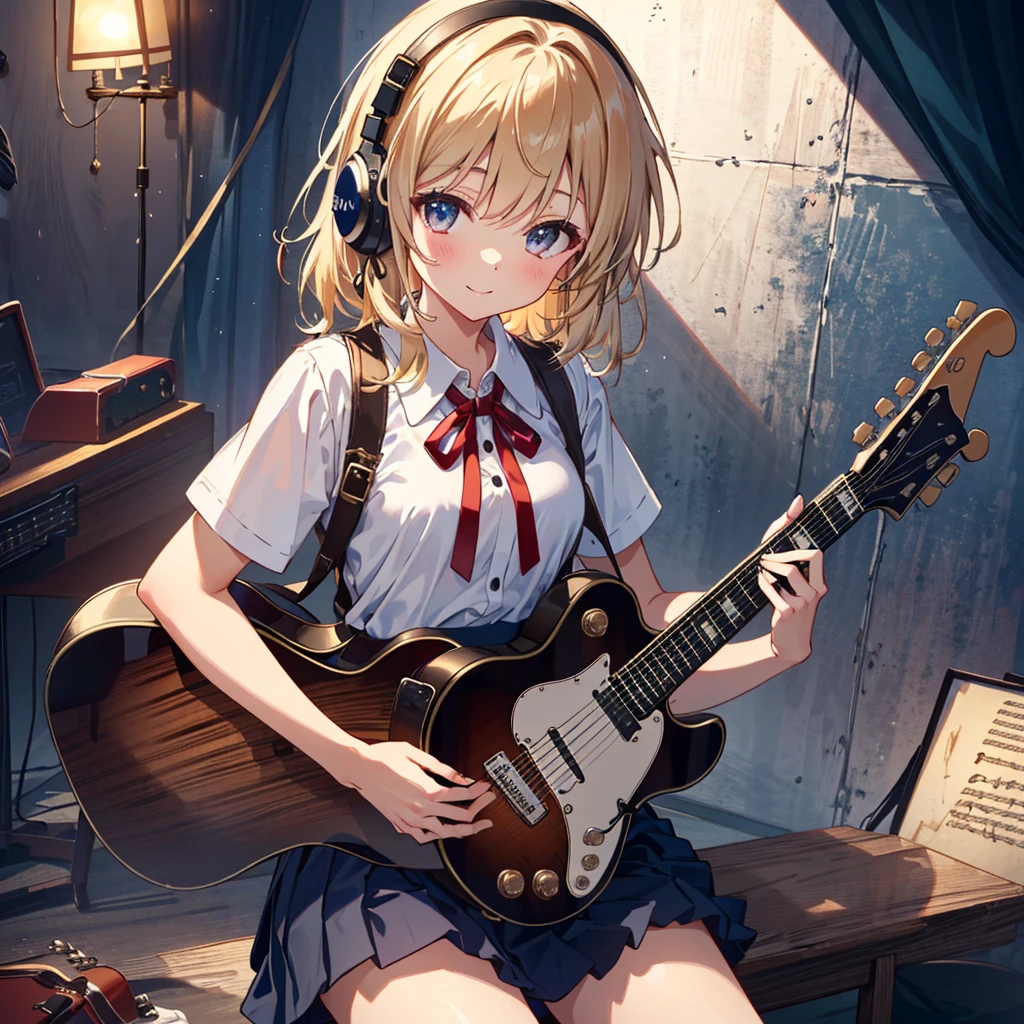 {1 girl: 1.3}, {sitting on throne, putting on feet, nail pose}, cute smile, anime eyes, headphones, (blouse/ribbon school uniform/pleated skirt: 1.5, handling guitar: 1.3, cowboy Shot: 1.5), Rembrandt Lighting: 1.3, Masterpiece, Top quality, Super detailed, Beautiful and aesthetic, Very detailed CG unity, 8K, Many musical instruments neatly placed, 6 years old, Young, , Small breasts,