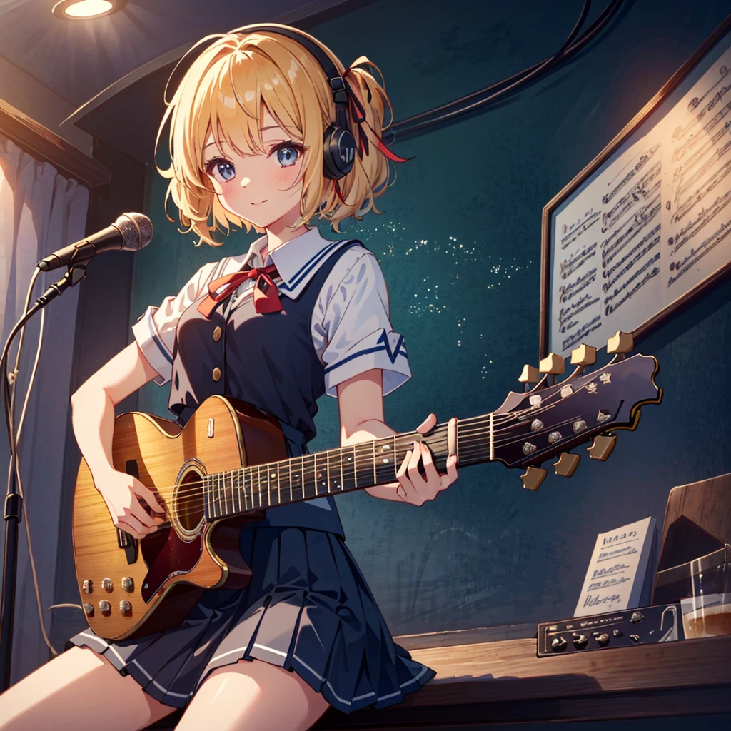 {1 girl: 1.3}, {sitting on throne, putting on feet, nail pose}, cute smile, anime eyes, headphones, (blouse/ribbon school uniform/pleated skirt: 1.5, handling guitar: 1.3, cowboy Shot: 1.5), Rembrandt Lighting: 1.3, Masterpiece, Top quality, Super detailed, Beautiful and aesthetic, Very detailed CG unity, 8K, Many musical instruments neatly placed, 6 years old, Young, , Small breasts,