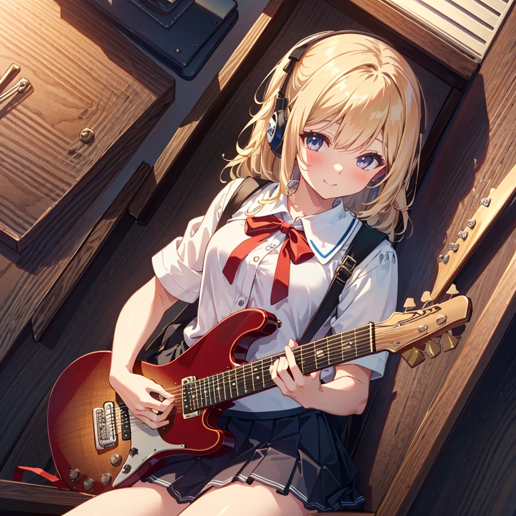 {1 girl: 1.3}, {sitting on throne, putting on feet, nail pose}, cute smile, anime eyes, headphones, (blouse/ribbon school uniform/pleated skirt: 1.5, handling guitar: 1.3, cowboy Shot: 1.5), Rembrandt Lighting: 1.3, Masterpiece, Top quality, Super detailed, Beautiful and aesthetic, Very detailed CG unity, 8K, Many musical instruments neatly placed, 6 years old, Young, , Small breasts,