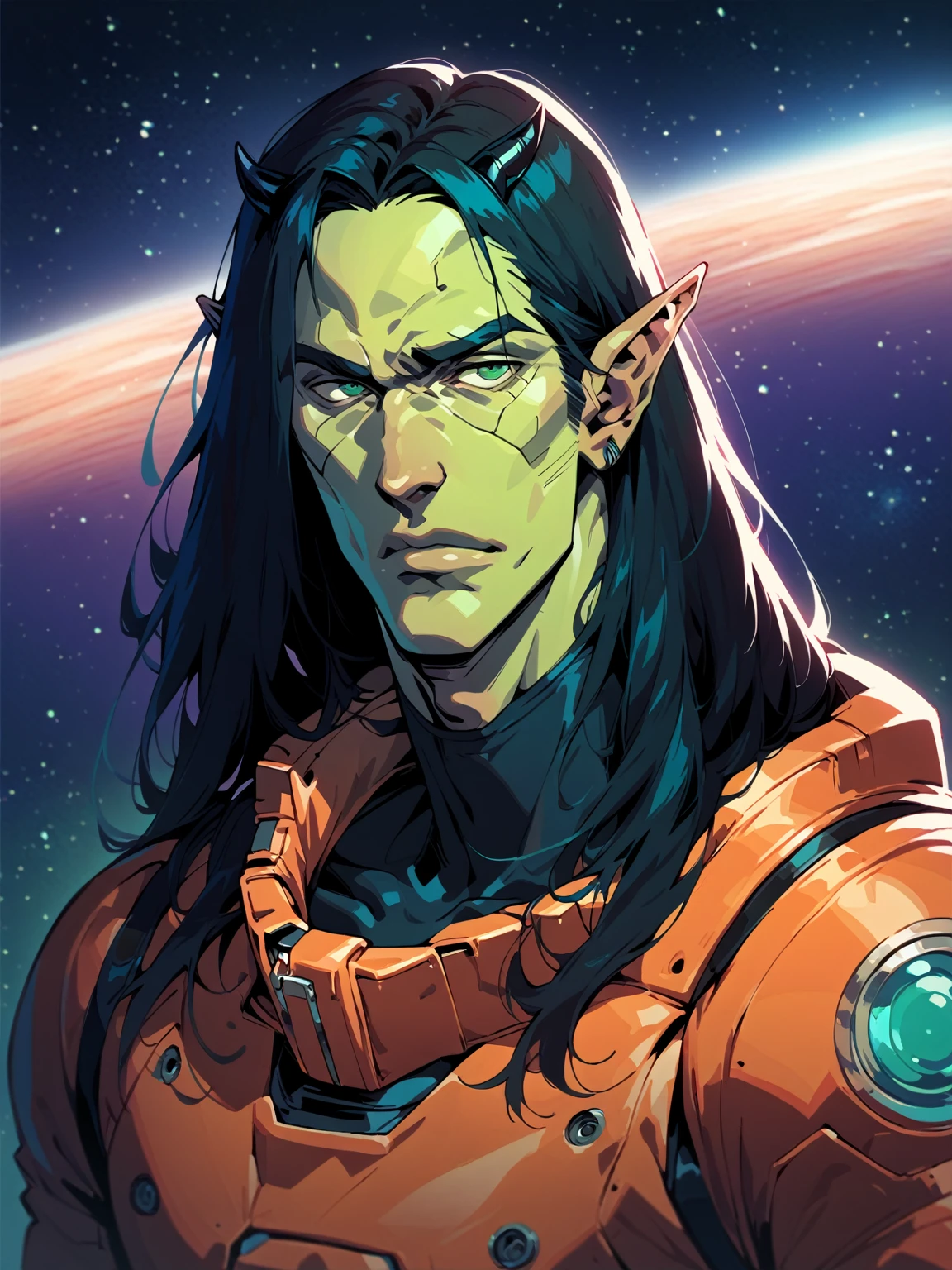 Horns, pointy ear, one character, solo male, alien horns, male, ((young male)), teenager, sci fi, space, space clothes, long hair, black hair, green eyes, aquamarine skin, cosmic, space suit, cosmic feature, alien, futuristic space suit, ((twink)), boyish face, short face, relaxed, (joyish)