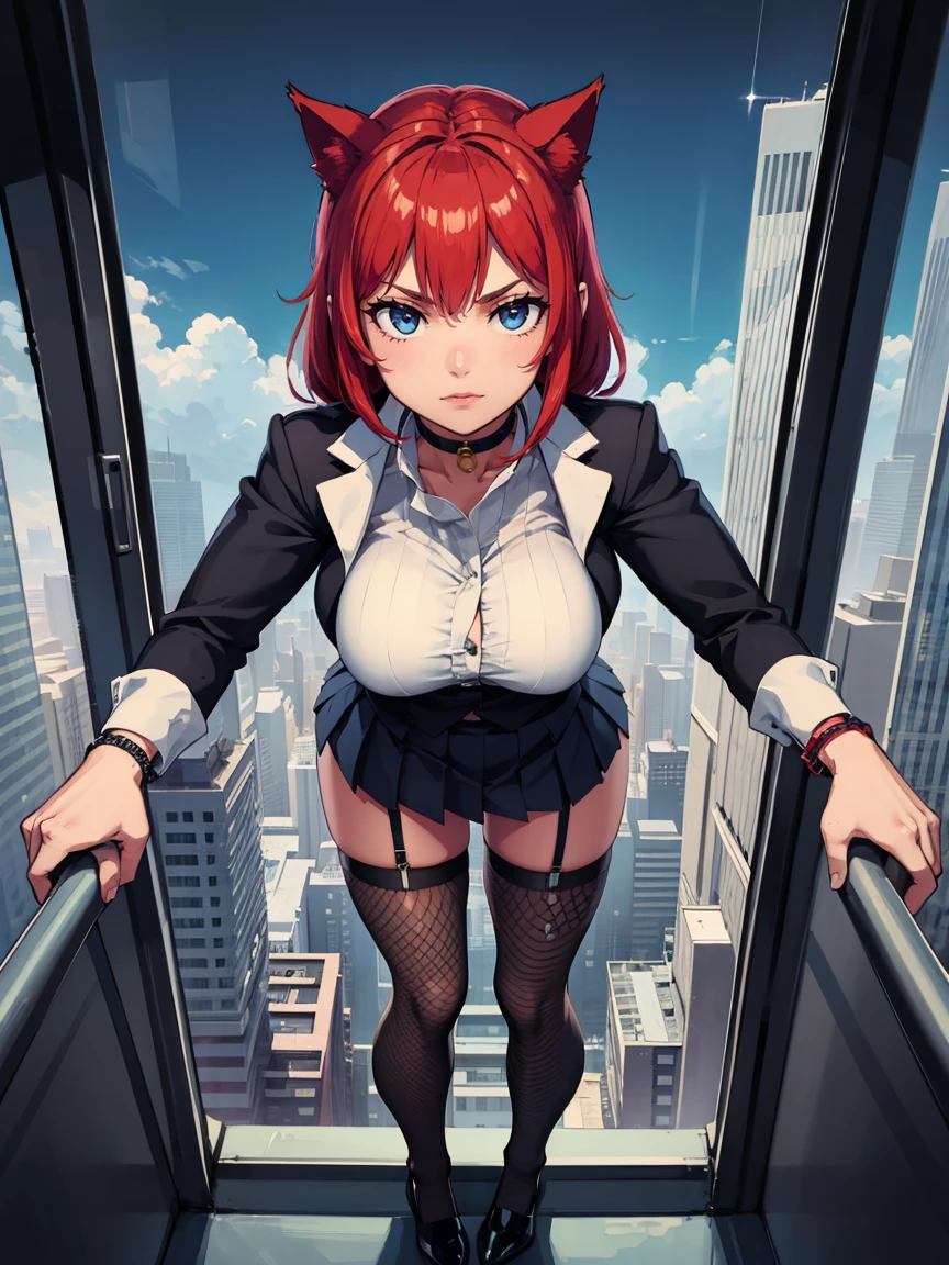 score_9, score_8_above, score_7_above, 32K, 1 girl, Alone, cat girl, fishnet stockings, pleated skirt, in skyscrapers, futuristic interior, Looking down at the viewer, downward perspective, moe fang, Closed mouth, choker