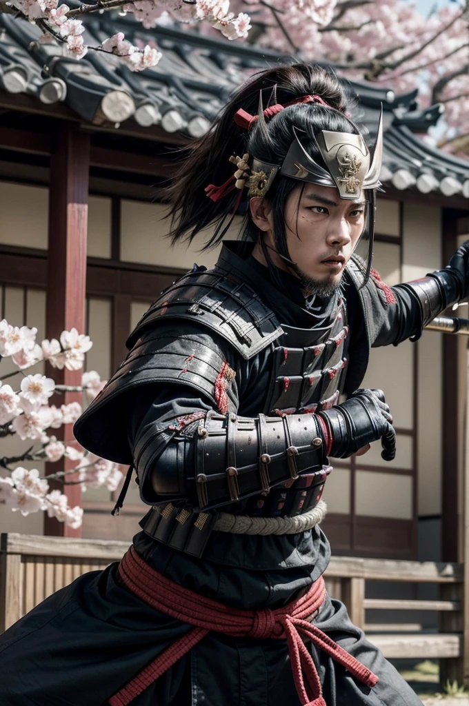 Create an image of a samurai in a combat stance. He is wearing traditional Japanese armor, including a kabuto helmet and a menacing mask. The samurai holds a sharp katana with both hands. The setting should be a battlefield or a traditional dojo, with war flags and cherry blossom trees in the background. The samurai's expression is serious and focused, Conveying courage and determination. Avoid modern elements like firearms, contemporary clothing, Vehicles, electronics or comical facial expressions."