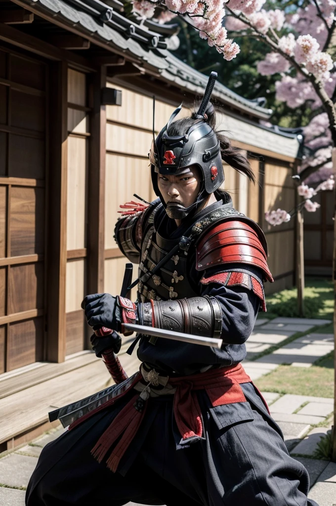 Create an image of a samurai in a combat stance. He is wearing traditional Japanese armor, including a kabuto helmet and a menacing mask. The samurai holds a sharp katana with both hands. The setting should be a battlefield or a traditional dojo, with war flags and cherry blossom trees in the background. The samurai&#39;s expression is serious and focused, Conveying courage and determination. Avoid modern elements like firearms, contemporary clothing, Vehicles, electronics or comical facial expressions."