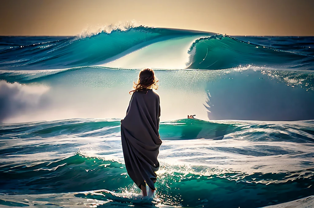 Highest quality masterpiece Beautiful woman standing in front of a huge wave Photo style Real Waves that seem to cover the beautiful woman Dramatic Production