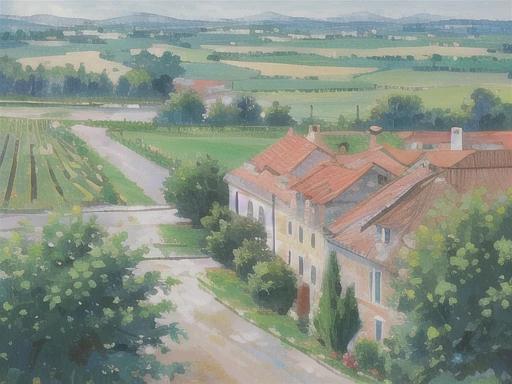 ((masterpiece)), (8k, high_resolution),(best quality), city, старый каменный city, маленький city, tile road, (rain), street, короткая street, two-story stone house on the right, (night), Mainly cloudy, Bottom view, view from the road, view from home, (no water, no river), bushes on the left, vineyards