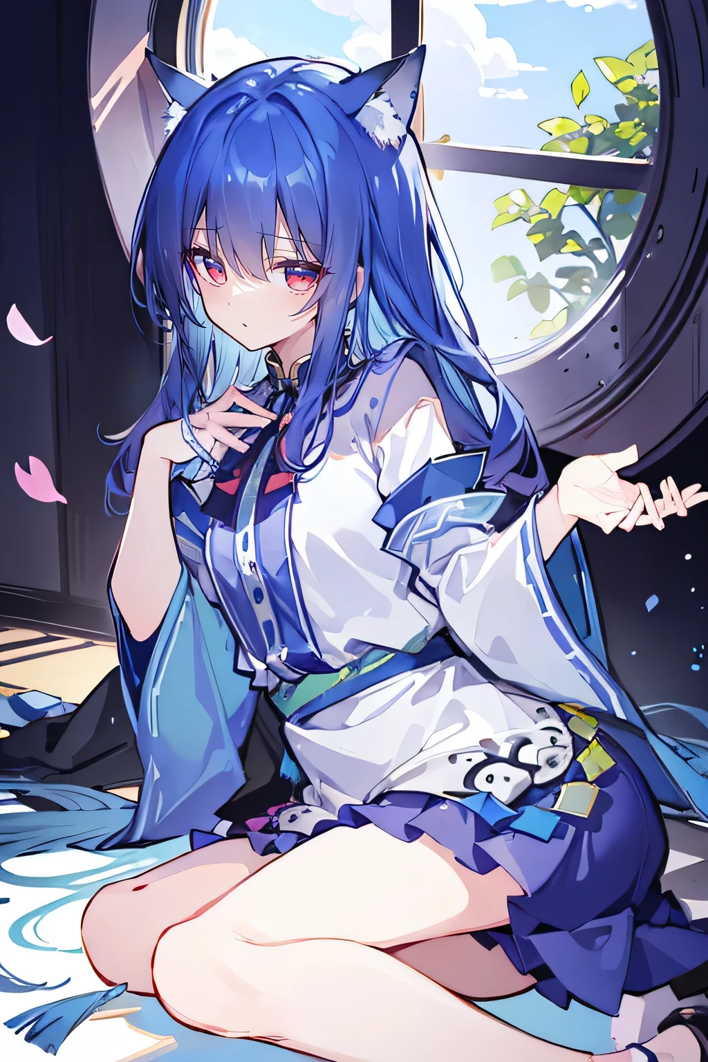 (Masterpiece:1.2),Ultra-detailed,lifelike,The eyes are expressive,Fair skin,Perfect face shape,1 girl,Japanese Manga,Gorgeous blue hair,Flowing blue hair,Flowing clothes,Cat ears,Petals falling,Shy face,sitting on window,Place your hand on your lips.