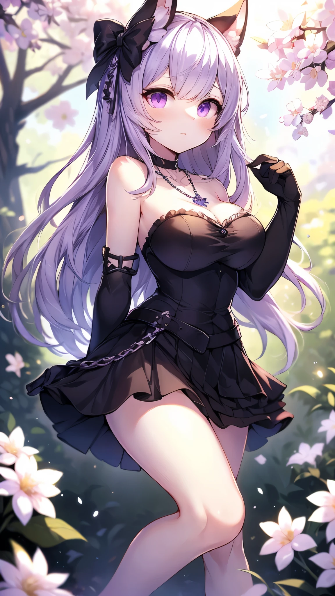 masterpiece, best quality, Extremely detailed 8k wallpaper, 1 Girl, outdoor, Helena(Azur Lane),strapless skirt, skirt, layered skirt,White flowers, Hair accessories, Purple Eyes, (Necklace), Outline, (Black Gloves), Bare Legs,