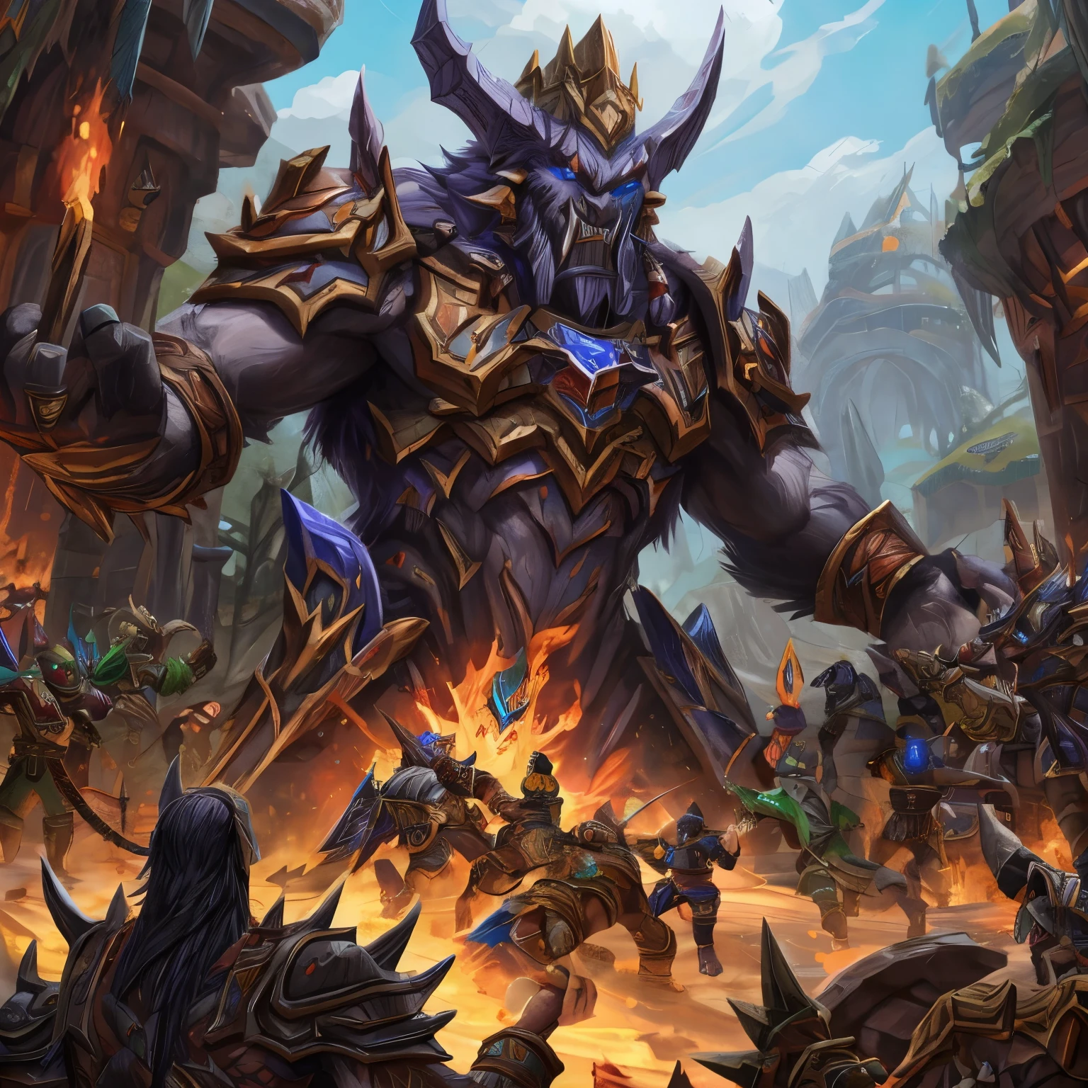 A World of Warcraft style painting，20 players fighting a giant, inhuman enemy