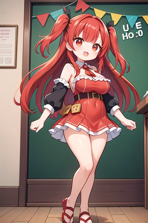 Cute naughty short figure Girl, (short stature:2.0, Excessively Overwhelmingly Gigantic huge Breasts:1.4, disproportionate breasts:1.4, thick legs:1.2, toddler body:1.3), (two side up:1.2, long hair:2.0, red hair:2.0), brown eyes, (naked:1.3), (blush, ;d, yuruyuri), full body, from front, at the adventurer's guild, A bulletin board with posted paper