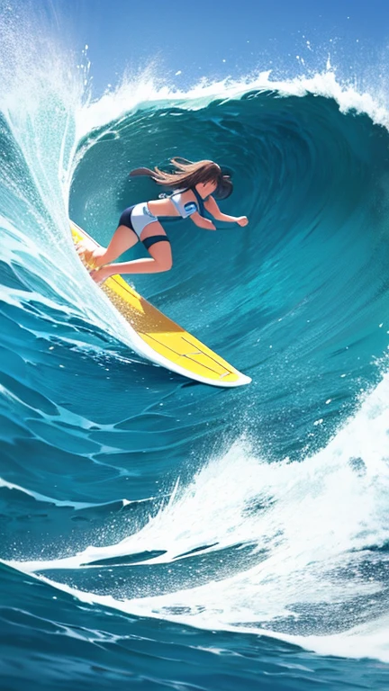 Surfing girl,(surfing:1.3), Ocean, one surfboad, A girl is surfing