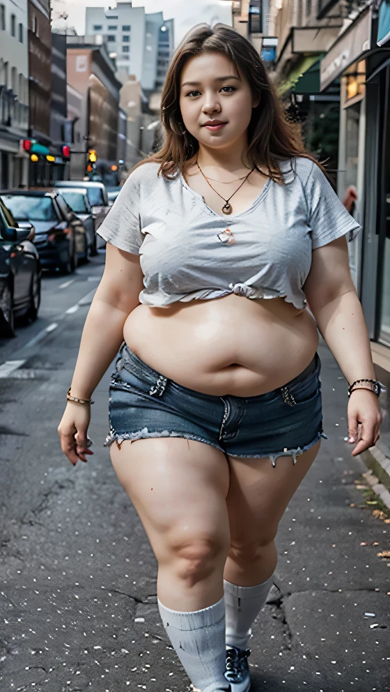 (Full body shot), Nude, naked, thick bushy pubic hair, realistic skin texture, ((best quality)), ((masterpiece)), (detailed), perfect face, araffe woman in a long dark-blue shirt and blue denim skirt walking down a street, thicc, wavy short hair , she has a jiggly fat round belly, bbwchan, wearing tight simple clothes, skinny waist and thick hips, widest hips, her belly is fat and round, soft curvy shape, hyperrealistic full figure, wearing a cute top, wide hips, wearing 10 bracelet , wearing huge diamond necklace , long socks