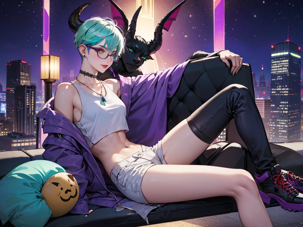 8k, masterpiece, best quality, highly detailed, 1 girl, tiefling, warlock, pixie cut, multicolored hair, very short straight hair green highlight hair on white hair, strippled hair, wearing glasses, round glasses, sexy, earrings, navel piercing, red eyeshadow, long eyelashes, blushed cheek, red lips, necklace, rings, collarbone, mole on face, glamorous, wearing large jacket, teal clothing, purple clothes, smirk, fullbody view, rings, looking at viewer, demon horns, solo, city, nighttime, sitting, white shirt, sneakers,, short pants, black legging, athletic.