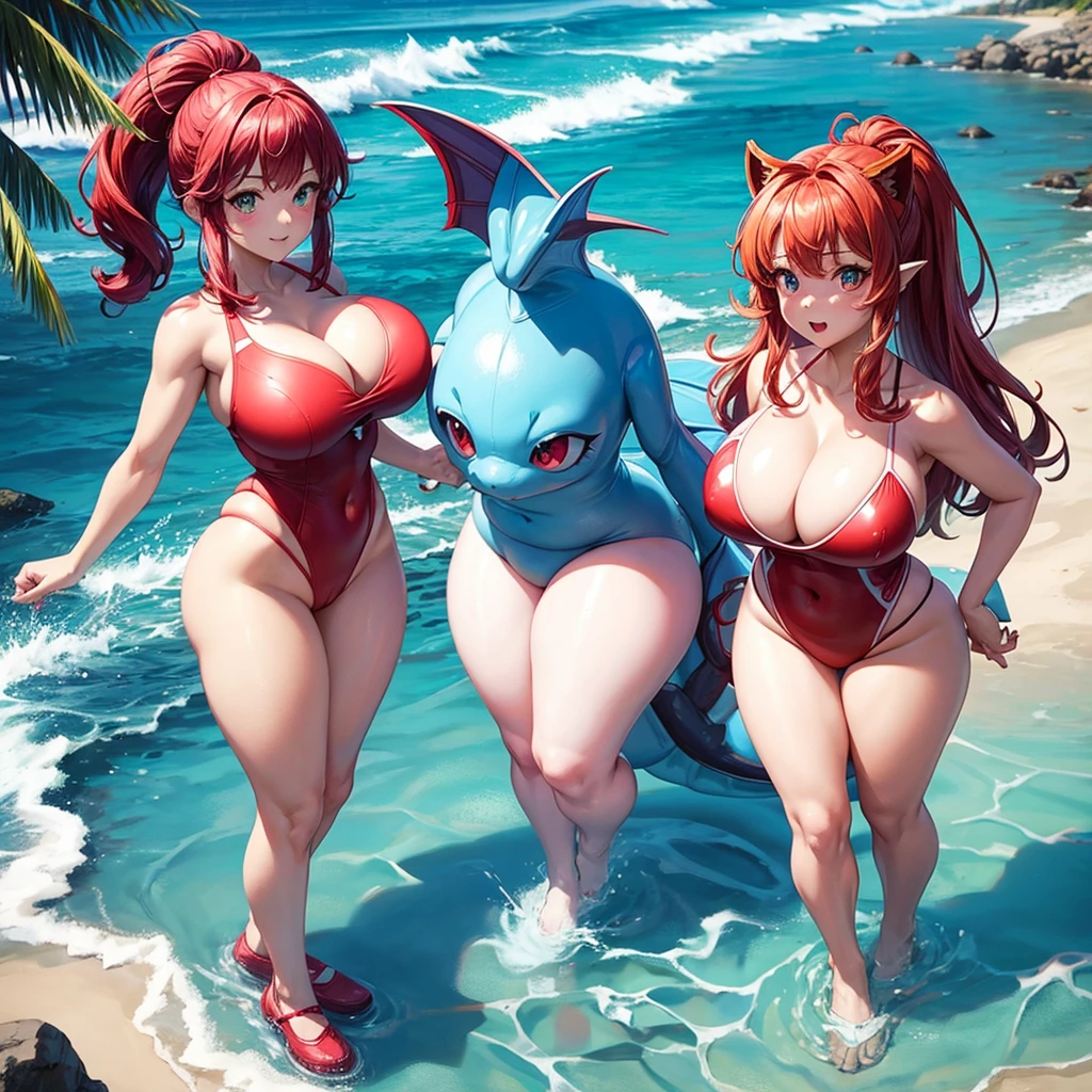 Vaporeon with red swimsuit, round face, Her size is G cup 37, big, round heart-shaped butt, Her clothes are half transparent and she is standing on the beach..
