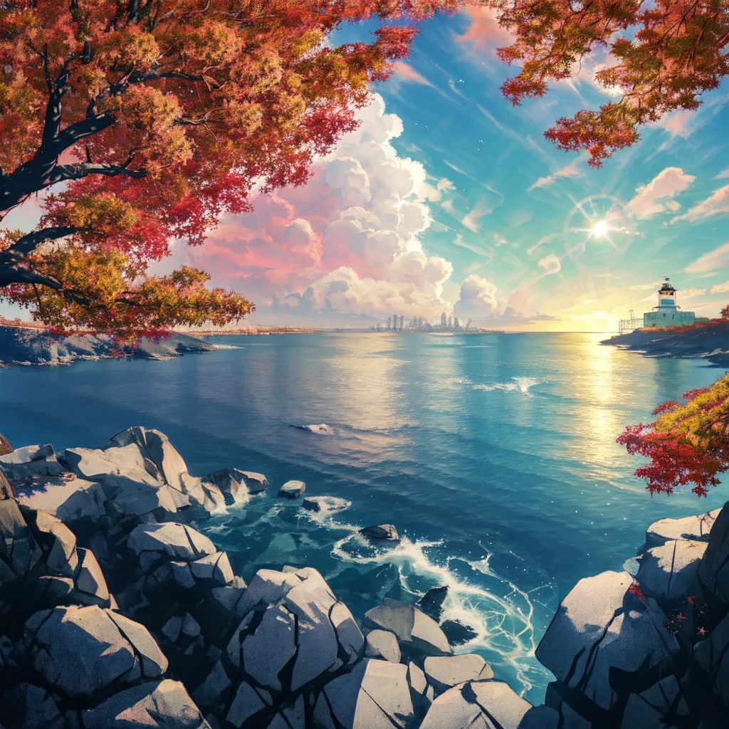 Sea view, Lighthouse,Colorful anime movie background, Floating bubbles, escaping air bubbles, Anime Background art, Dreamy psychedelic anime, Beautiful anime scene, Beautiful anime scenery, Anime Background, sunny, sunny day, autumn leaves,Black Hair Girl, 