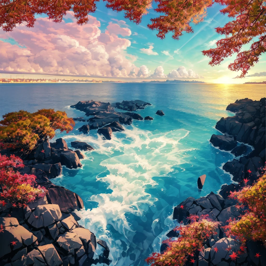 Sea view, Lighthouse,Colorful anime movie background, Floating bubbles, escaping air bubbles, Anime Background art, Dreamy psychedelic anime, Beautiful anime scene, Beautiful anime scenery, Anime Background, sunny, sunny day, autumn leaves,Black Hair Girl,