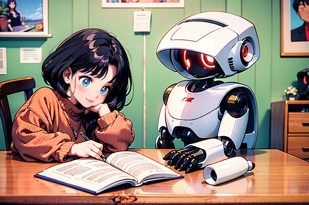 Sit at the table、A girl reading a book and an Arafed robot, A meets the robot, Artificial Intelligence, strong Artificial Intelligence, Princess, Humanoid Robot, Endless collaboration with AI, ロボットArtificial Intelligence!!, Humanoid Robot, AI Portrait, 最先端のHumanoid Robot、A 6-year-old girl and a robot are together at home、A robot sitting opposite a girl、(Human Girl)、create、Reading a book together at the desk、(少女とHumanoid Robotが一緒に本を読んでいることを楽しむ)、Artificial IntelligenceHumanoid Robot、本を読むHumanoid Robot、フレンドリーなHumanoid Robot、Famous landscape paintings on the walls、pretty girl、Cute Face 、Portraiture、超detailed絵画, Portraitureの構成, Looking into the camera, 1 3D rendering, Octane Rendering, 複雑なdetailed, 8K Post-Production, High resolution, 信じられないほどリアルでdetailedなレンダリング, 8K Ultra HD, masterpiece, Extremely fine detail, (Old landscape painting framed on the wall), A girl happily draws pictures with a robot、masterpiece, masterpiece best quality, Highest quality、超detailed, 超detailed highres, High resolution high-resolution, High resolution 4肌k, 4L 4K Portrait, 4K Portrait 8K, 8k 8k portrait, 8K Portrait Unity 8K Wallpaper, Unity 8k wallpaper extremely detailed CG unity 8k wallpaper, Very detailed CG Unity 8k wallpaper realistic, Realistic raw photos, Raw photos of real people, Realistic Portrait Photography, Portrait Photo Photorealistic, Realistic glossy skin, Shiny skin detailed skin, detailed