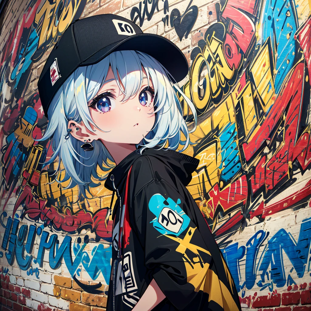 (Masterpiece, highest quality, high resolution, absurd, super fine illustration, 8k, 4k:1.2)
, (Perfect Anatomy, Perfect Hands, Perfect Face, Detailed Eyes, Detailed Face: 1.1)
, 1 female, 6 years old, cool, cool beauty, expressionless
, Hip Hop Fashion, (Gourmet, Oversized Clothes: 1.1), Shorts, Black Trucker Hat, Ink on Clothes
, very long hair, piercings
, upper body, dynamic angle, fisheye, fisheye lens, (from below, from the side: 1.1), standing on a wall, looking at the viewer
, break
(Brick Wall Graffiti Art:1.1), Street Art, Detailed Background