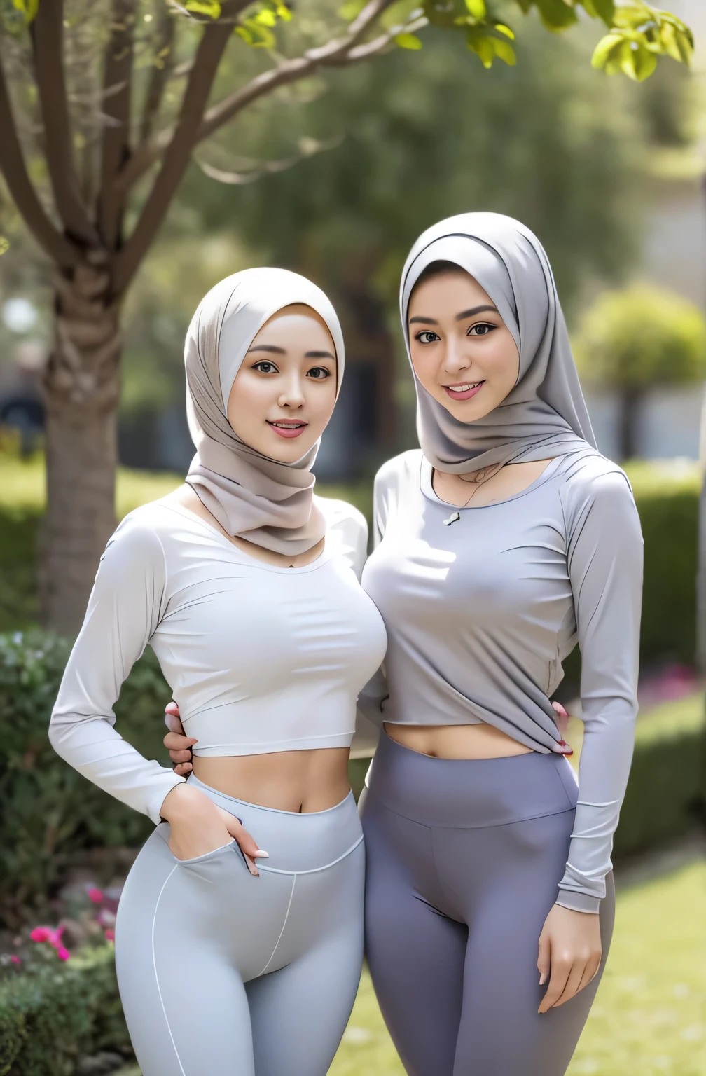 RAW, Best quality, high resolution, masterpiece: 1.3), beautiful Malay, 2girls in hijab,Masterpiece, perfect slim fit body, (), big gorgeous eyes, Soft smile, wear a light grey very tight shirt & very tight transparent leggings, necklace, shairband, afternoon walk, City garden, Excellent lighting, Bright colors, Clean lines