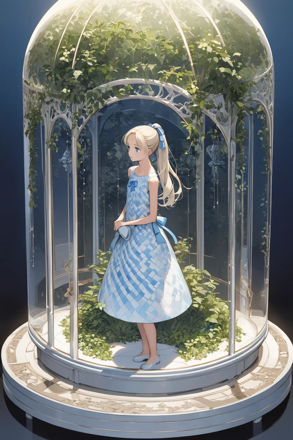 masterpiece, high quality. A detailed full-body illustration featuring a young girl with long, platinum blonde hair tied into a high ponytail with a large blue bow. She has large, captivating blue eyes and a thoughtful expression. She is dressed in a light blue and white checkered dress with a matching blue bow at the neckline. The girl is inside a glass dome, standing on a detailed circular platform that resembles a miniature architectural scene with a dome building and greenery. The background is clean and minimal, emphasizing the girl's elegant appearance and the intricate details of the miniature scene. The lighting is soft and diffused, highlighting her hair, eyes, and the fine details of her dress and surroundings, creating a magical and enchanting ambiance