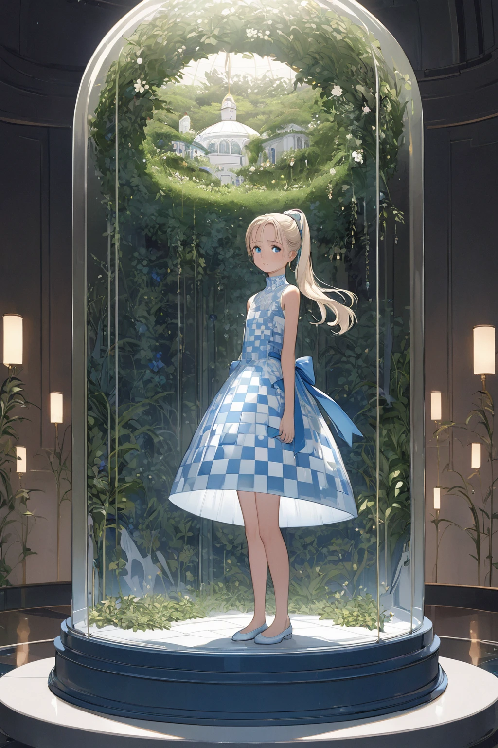 masterpiece, high quality. A detailed full-body illustration featuring a young girl with long, platinum blonde hair tied into a high ponytail with a large blue bow. She has large, captivating blue eyes and a thoughtful expression. She is dressed in a light blue and white checkered dress with a matching blue bow at the neckline. The girl is inside a glass dome, standing on a detailed circular platform that resembles a miniature architectural scene with a dome building and greenery. The background is clean and minimal, emphasizing the girl's elegant appearance and the intricate details of the miniature scene. The lighting is soft and diffused, highlighting her hair, eyes, and the fine details of her dress and surroundings, creating a magical and enchanting ambiance