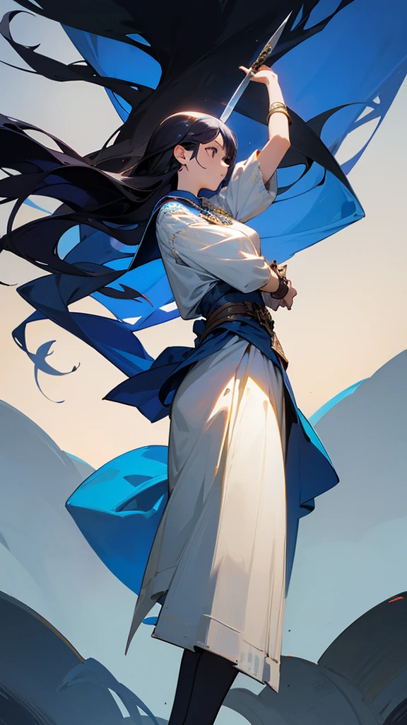 The girl stands in full height in profile with her head lowered and her right hand raised high above her head, clutching a sword.